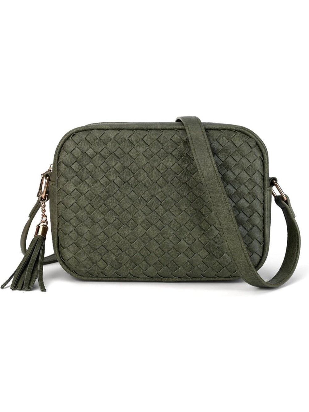 Women's Dark Green Woven Small Boho Purse Vegan Zipper Leather Crossbody Bag